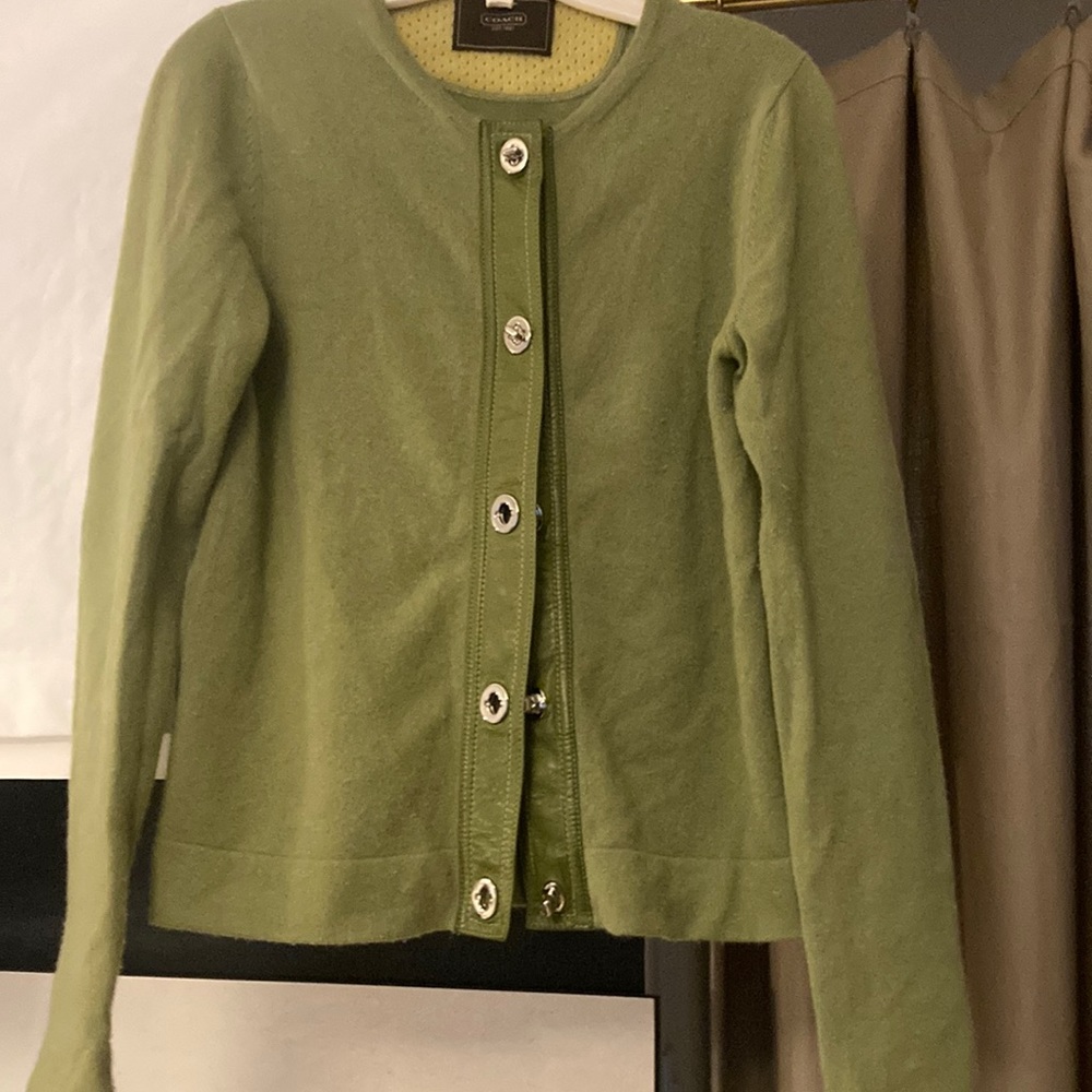 Coach green cashmere / leather accents sweater size m